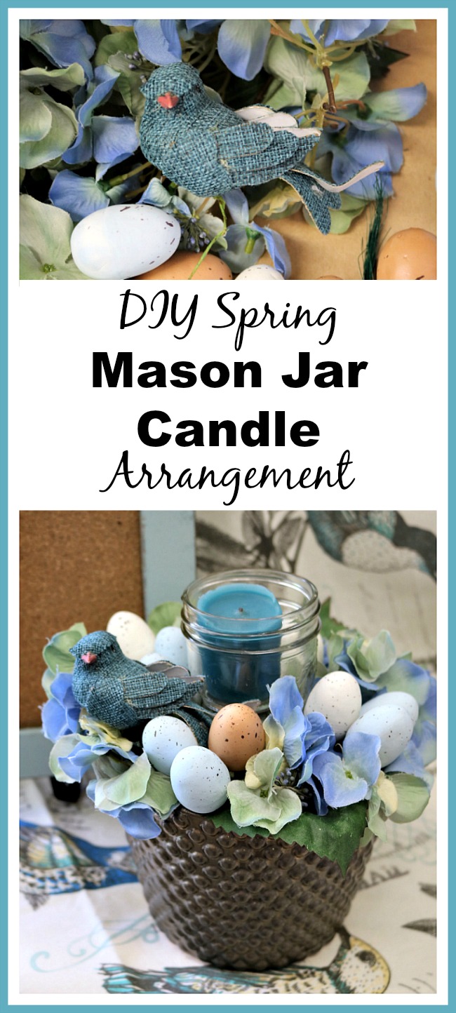 DIY Spring Mason Jar Candle Arrangement- Make this pretty DIY spring Mason jar candle arrangement for your table or another featured spot in your home to easily update your decor! | DIY project, craft, spring decor, bird, eggs, Easter, blue, centerpiece