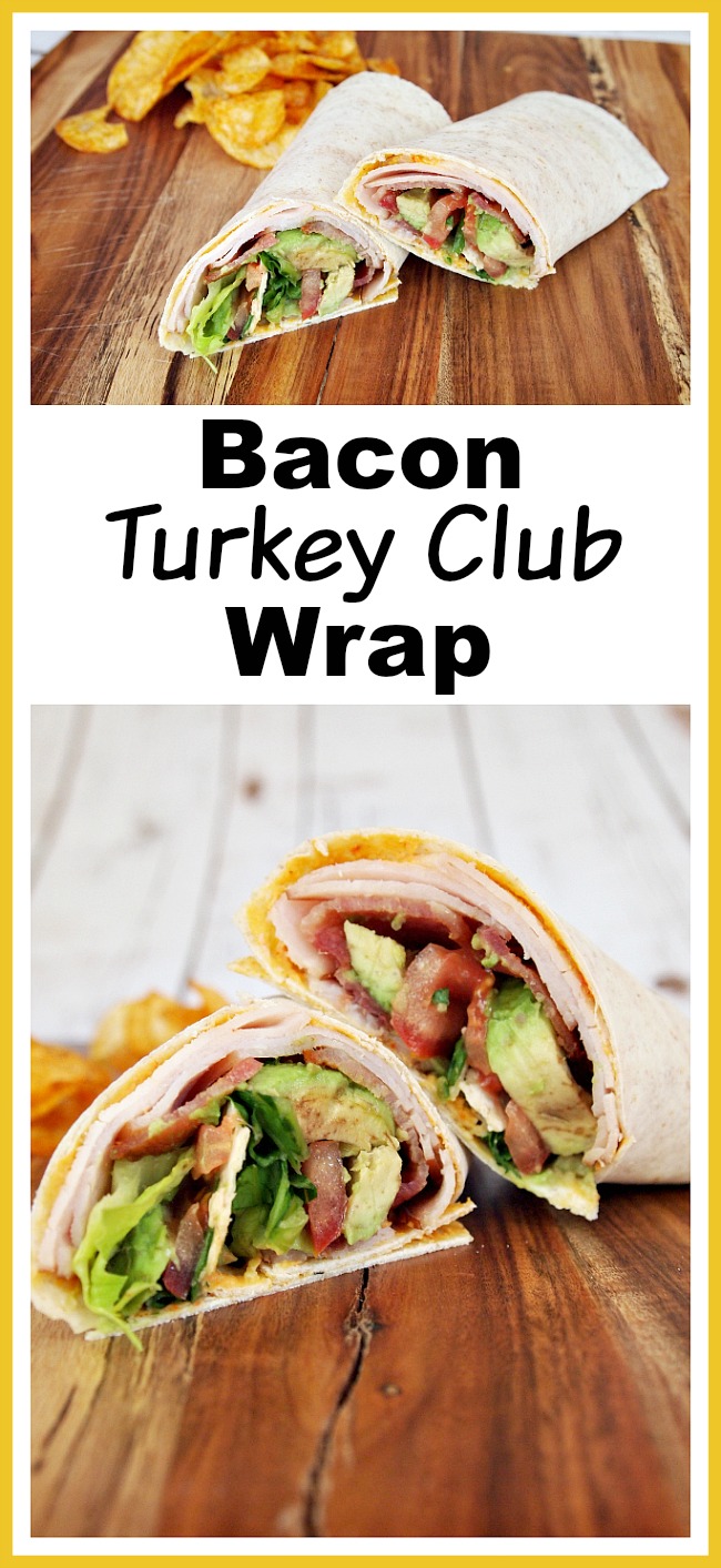 Bacon Turkey Club Wrap- Wraps are like healthier versions of sandwiches, and make easy lunches! Here's how to make a delicious bacon turkey club wrap with avocado! | no mayonnaise, mayonnaise free, quick lunch, fast lunch, bacon, turkey, avocado, easy recipe