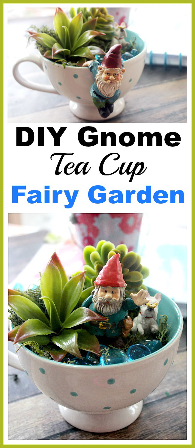 Gnome Tea Cup Fairy Garden- Need a cute decoration for your table or desk? Why not make this adorable DIY gnome tea cup fairy garden! It's easy (and inexpensive)! | DIY decor, gnome garden, cute fairy garden, faux succulents, dollar store, craft, DIY gift idea, homemade gift idea