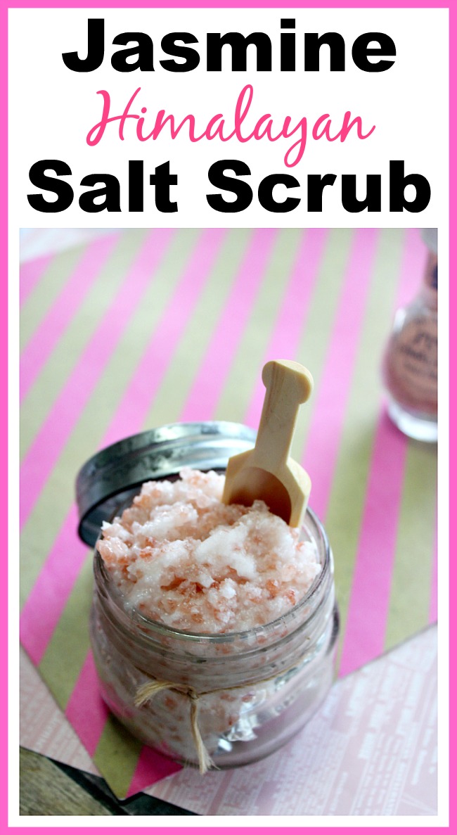 Jasmine Himalayan Salt Scrub- Himalayan salt isn't just great for cooking, it's great in DIY beauty products too! Here's how to make a luxurious jasmine Himalayan salt scrub! | homemade beauty product, body scrub, foot scrub, pink, easy DIY, homemade gift idea, all-natural, essential oils, gift in a jar