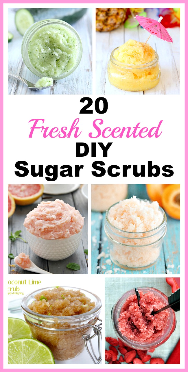20 Fresh Scented DIY Sugar Scrubs- A great way to relax in the spring and summer is with these luxurious fresh scented DIY sugar scrubs! They're so easy to make! | homemade beauty products, body scrub, hand scrub, foot scrub, all-natural, spa, bright colors, DIY gift idea, homemade gift