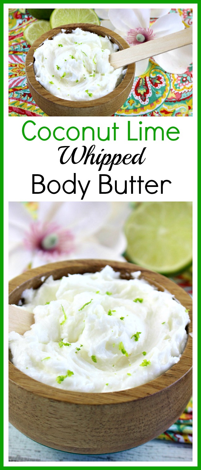 Coconut Lime Whipped Body Butter- This coconut lime whipped body butter is easy to make, smells wonderful, and leaves your skin feeling moisturized and soft! It'd be a great DIY gift! | homemade beauty product, homemade gift ideas, handmade gift, essential oil, coconut oil, whipped soufflé body butter, DIY, craft