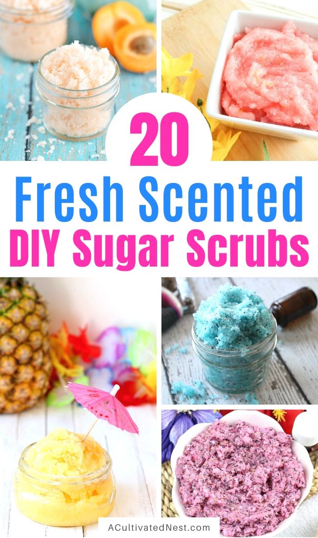 20 Fresh Scented DIY Sugar Scrubs- If you want to relax with a delicious smelling homemade sugar scrub, you have to try some of these! They smell delicious, and will leave your skin smooth, shining, and beautiful! | how to make your own sugar scrubs, spring sugar scrubs, summer sugar scrubs, #sugarScrub #bodyScrub #beauty #diyBeautyProduct #ACultivatedNest