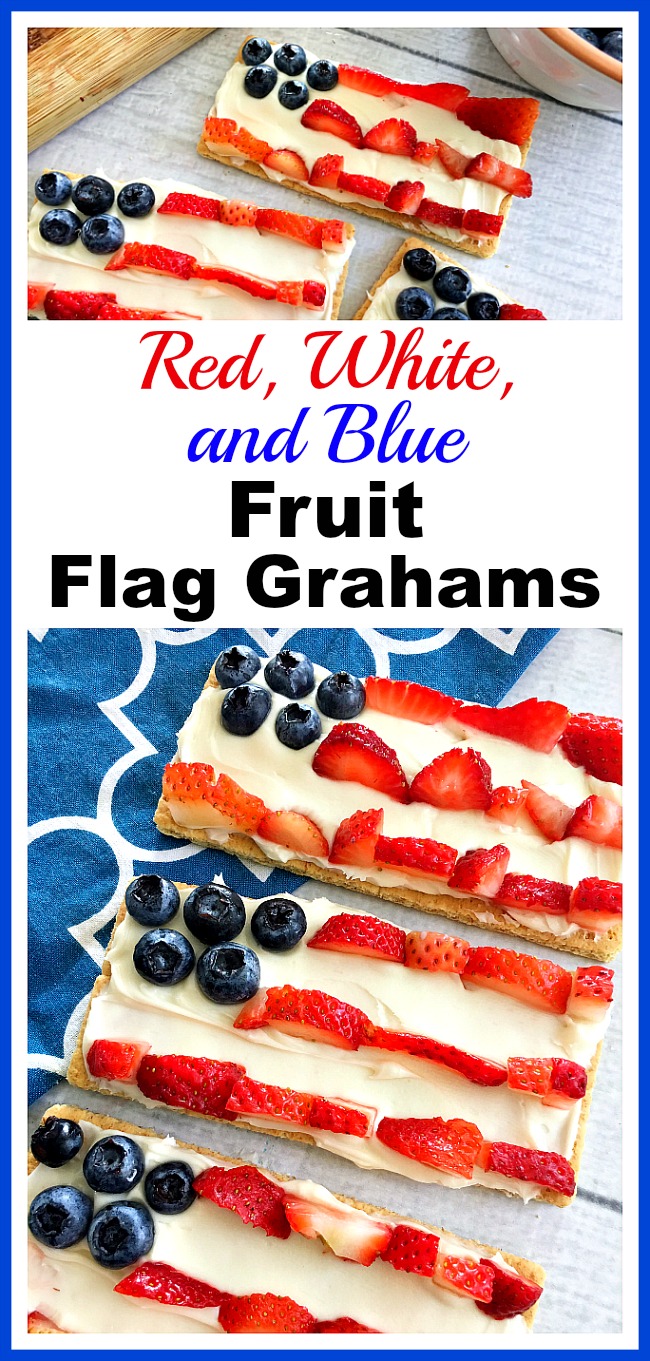 Red, White, and Blue Fruit Flag Grahams- These yummy fruit flag grahams only take minutes to put together! This makes them the perfect dessert for Memorial Day or Fourth of July gatherings! | patriotic food, no-bake recipe, fresh fruit, strawberries, blueberries, snack ideas, easy desserts for barbecues, BBQ dessert ideas
