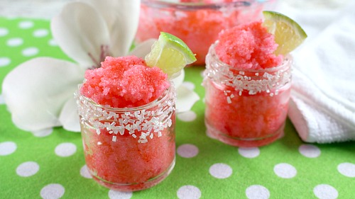 Strawberry Margarita Lip Scrub- Summer heat and summer fun can really dry out your lips. Keep them looking and feeling their best with this strawberry margarita lip scrub! | DIY beauty product, lip balm, sugar scrub, craft, homemade gift idea, DIY gift idea, pink, red, pretty, gifts in jars