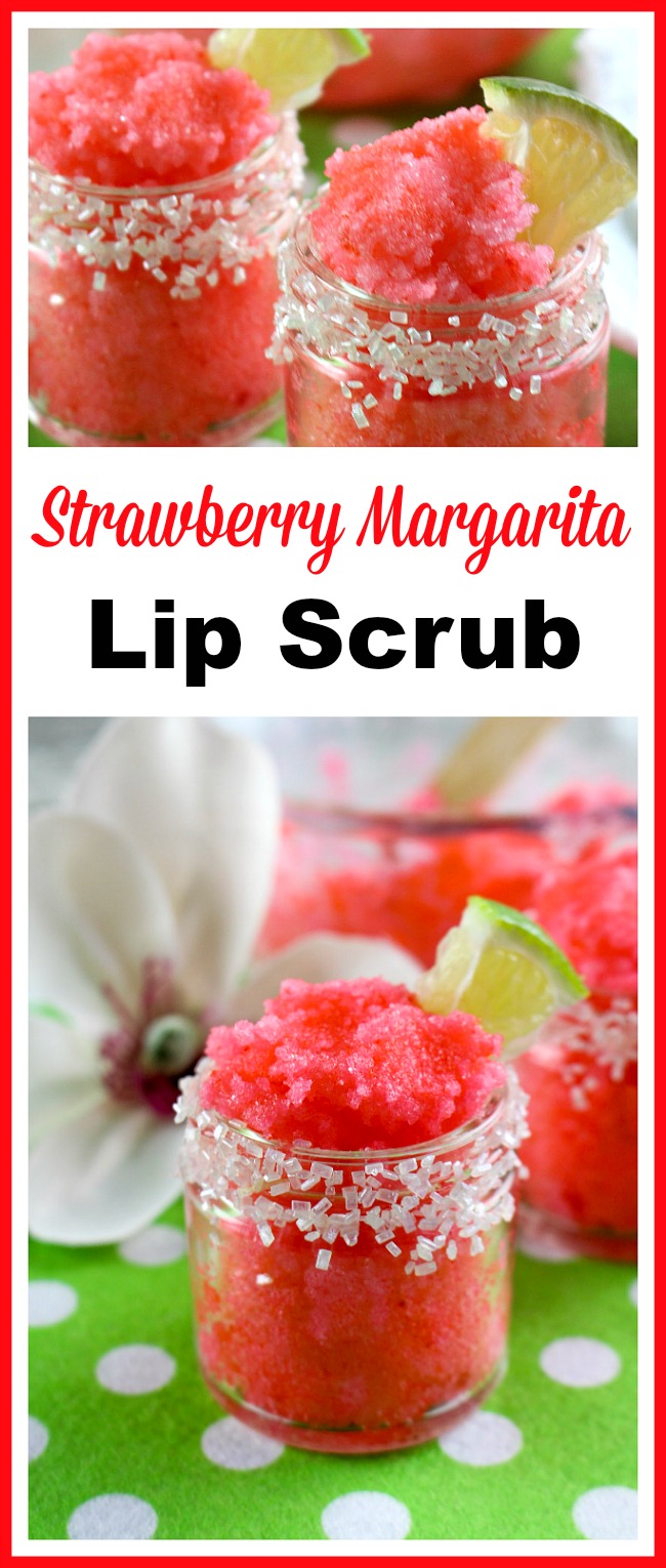 Strawberry Margarita Lip Scrub- Summer heat and summer fun can really dry out your lips. Keep them looking and feeling their best with this strawberry margarita lip scrub! | DIY beauty product, lip balm, sugar scrub, craft, homemade gift idea, DIY gift idea, pink, red, pretty, gifts in jars