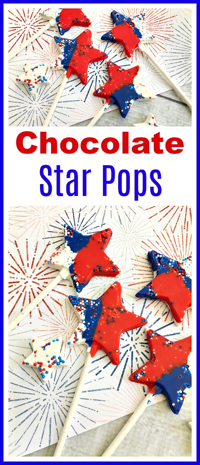 Chocolate Star Pops- These chocolate star pops are a colorful, fun, and easy to make dessert treat that's perfect for holidays and special celebrations! | recipe, candy, patriotic, red, white, and blue, Memorial Day, Fourth of July, easy, quick, no-bake, candy melts #FourthOfJuly #MemorialDay #dessert #ACultivatedNest
