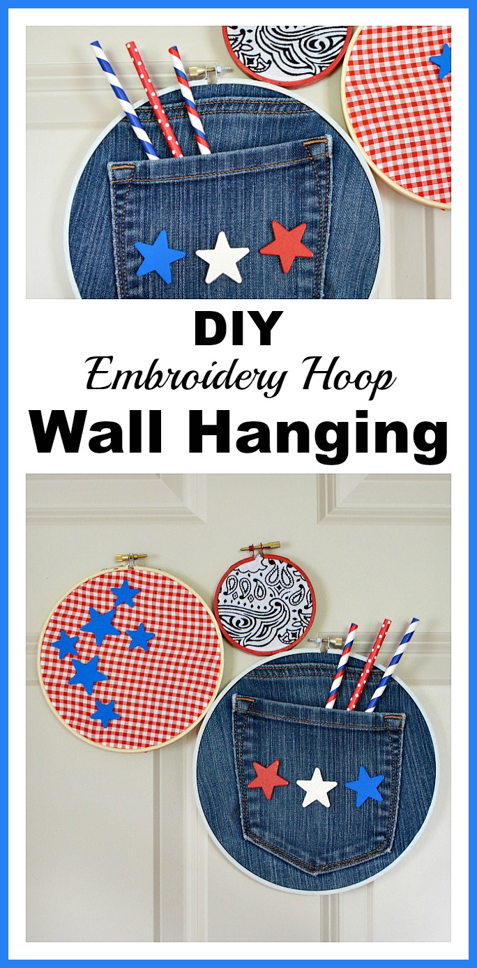 DIY Embroidery Hoop Wall Hanging- If you need to update your home's decor, a fun way is with this DIY embroidery hoop wall hanging! You can customize it with the fabric of your choice! | craft, easy DIY project, red, white, and blue, patriotic, Memorial Day, Fourth of July, home decor, custom wall art, Americana decor