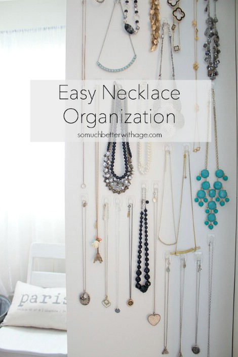 Command Hook Necklace Organizing- Command Hooks can be amazing home organization tools if used the right way! For some great inspiration, check out these 10 amazing Command Hook hacks! | organizing tips, organization hacks, pantry organization, bathroom organization, kitchen organization, organize your home, #organizing #homeOrganization #ACultivatedNest