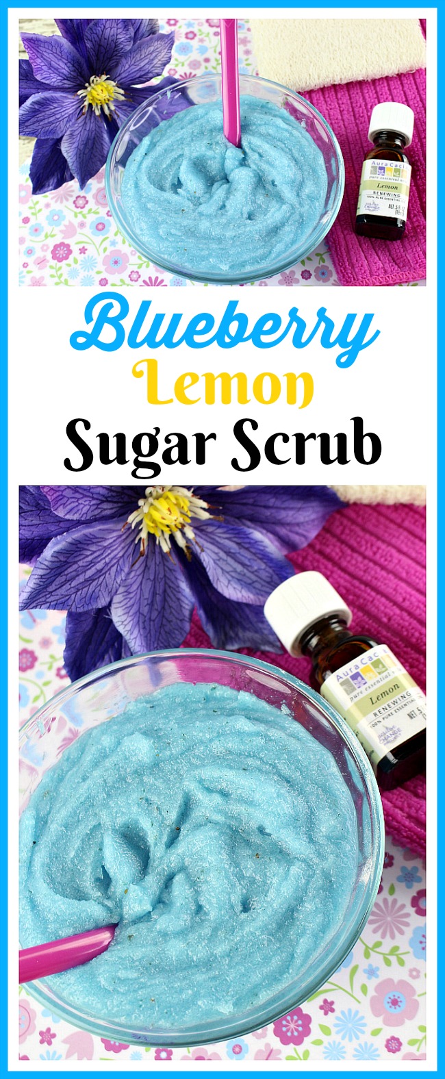 Blueberry Lemon Sugar Scrub- You don't have to use additives to make your own colorful DIY beauty product! Here's how to make an aqua colored blueberry lemon sugar scrub! | body scrub, homemade sugar scrub, blue beauty products, essential oils, all-natural, DIY gift, homemade gift idea, easy craft
