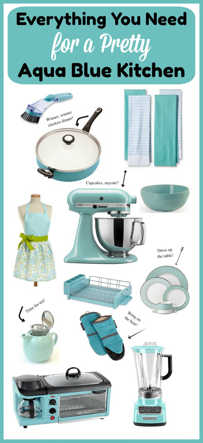 Everything You Need for a Pretty Aqua Blue Kitchen- Spending time in the kitchen is always more fun if you have cohesive decor. Check out these lovely items you can use to create a pretty aqua blue kitchen! | home decor, decoration, frugal kitchen update, aqua blue kitchen accessories, kitchen decorating ideas