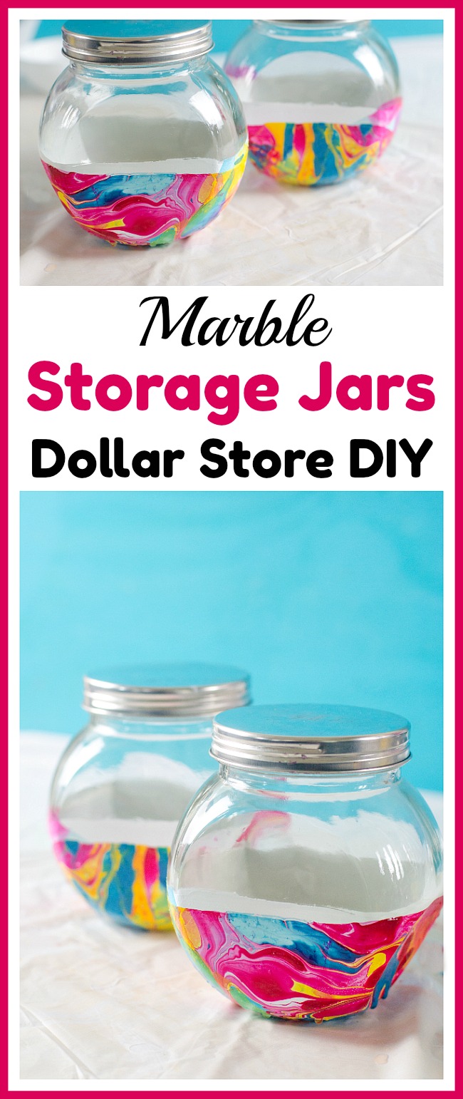 Marble Storage Jars Dollar Store DIY- Store bulk goods, candies, and more in style with these DIY marble storage jars! This easy project can be done with just dollar store supplies! | dollar store DIY, dollar store craft, dollar store organizing, painted jar, how to paint a glass jar, organization, organize