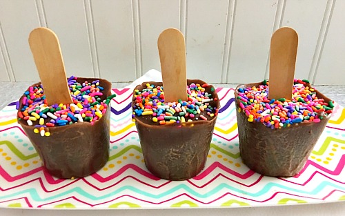 Sprinkle Pudding Pops- There's nothing better than a quick, cold treat on a hot summer day. These delicious sprinkle pudding pops only take minutes to put together! | homemade popsicle, make your own pudding pops, chocolate pudding pop, easy, quick, dessert, snack, recipe, for kids, summer treat, ice cream, food