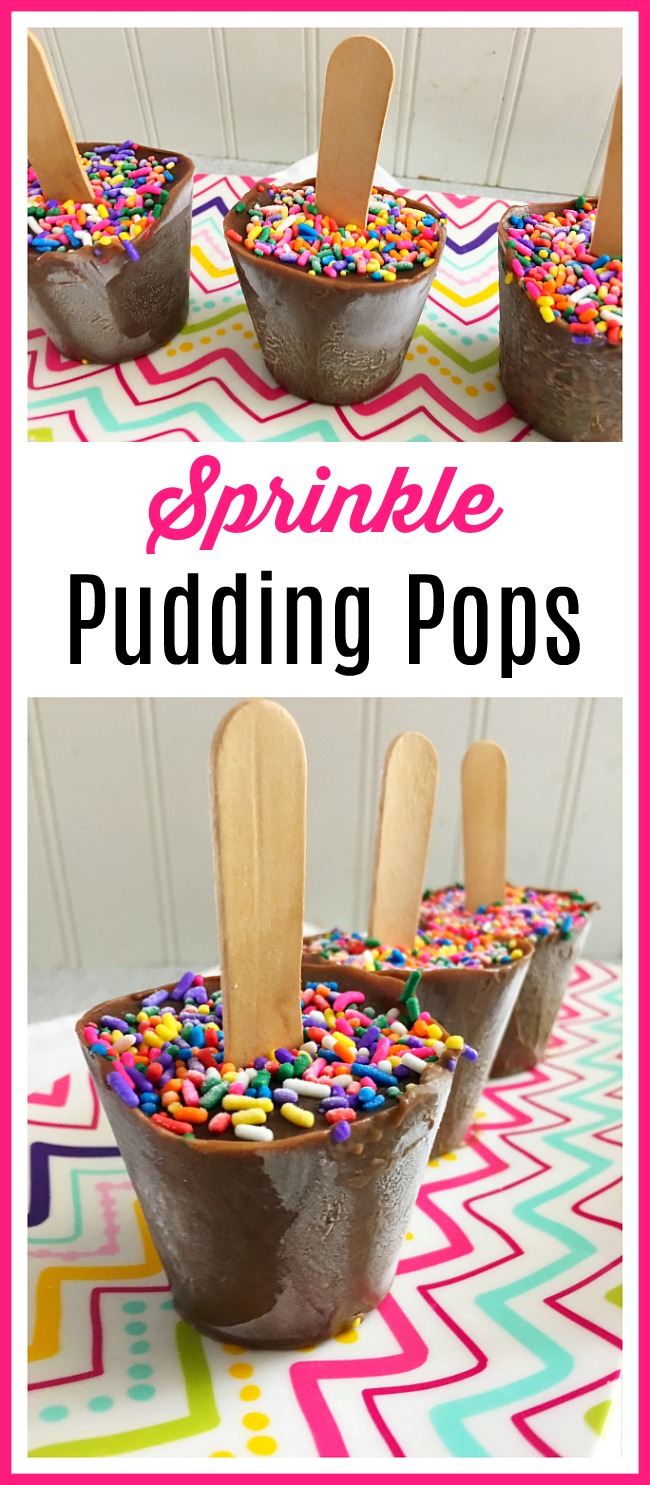 Sprinkle Pudding Pops- There's nothing better than a quick, cold treat on a hot summer day. These delicious sprinkle pudding pops only take minutes to put together! | homemade popsicle, make your own pudding pops, chocolate pudding pop, easy, quick, dessert, snack, recipe, for kids, summer treat, ice cream, food
