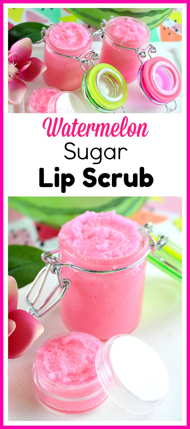 Watermelon Sugar Lip Scrub- For an easy way to keep your lips looking and feeling great this summer, make this easy DIY watermelon sugar lip scrub! It's so moisturizing! | homemade beauty product, pink DIY sugar scrub, summer, spring, DIY gift idea for girls, homemade gifts for women, all-natural