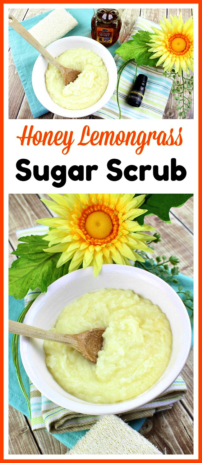 Honey Lemongrass Sugar Scrub- This honey lemongrass sugar scrub smells delightful and leaves your skin looking and feeling great! It makes a wonderful (and easy) DIY gift! | homemade beauty product, all-natural body scrub, essential oils, bright yellow, spa