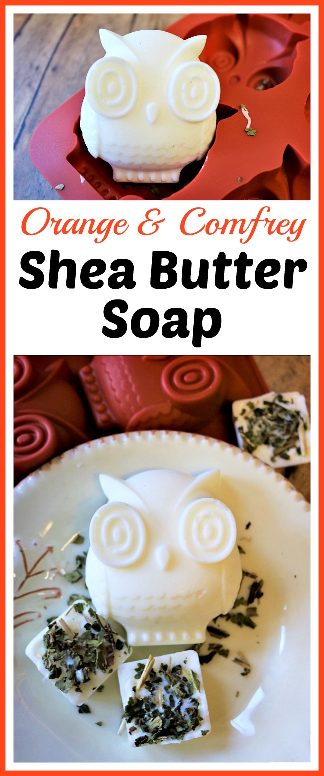 Orange and Comfrey Shea Butter Soap- Keep your skin moisturized this fall and winter with a bar of DIY orange and comfrey shea butter soap! This makes a wonderful homemade gift! | DIY soap, homemade gift, owl shaped soap, craft, essential oil, herbs, #DIY