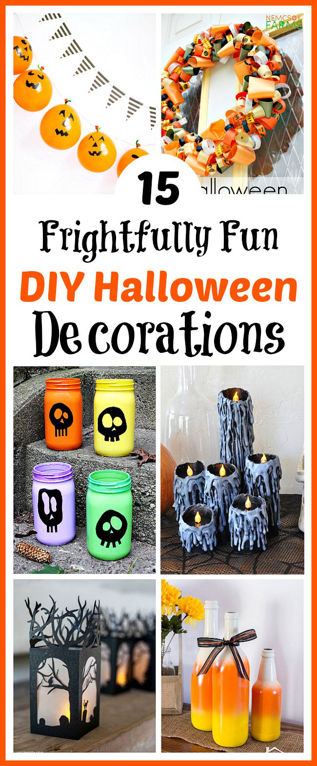 15 Frightfully Fun DIY Halloween Decorations- These DIY Halloween decorations are light on fright, heavy on fun, and easy on the budget! Check out these 15 homemade Halloween decor ideas! | Halloween wreaths, DIY Halloween candles, Mason jar craft, Halloween garland, bottle upcycle, October DIY decor