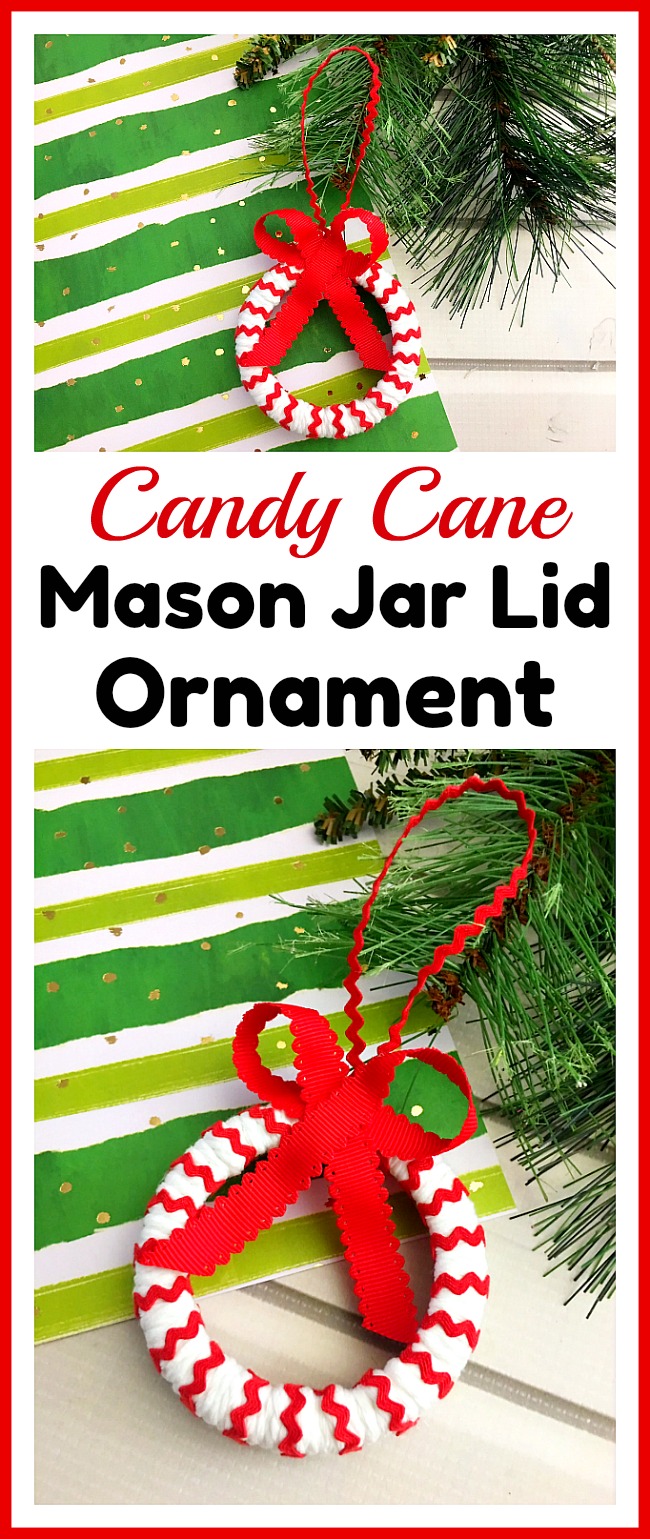 Candy Cane Mason Jar Lid Ornament- Make your Christmas tree even prettier this year with a DIY ornament! Check out my tutorial on how to make a cute candy cane Mason jar lid ornament! #Christmas #diy #craft #ornament