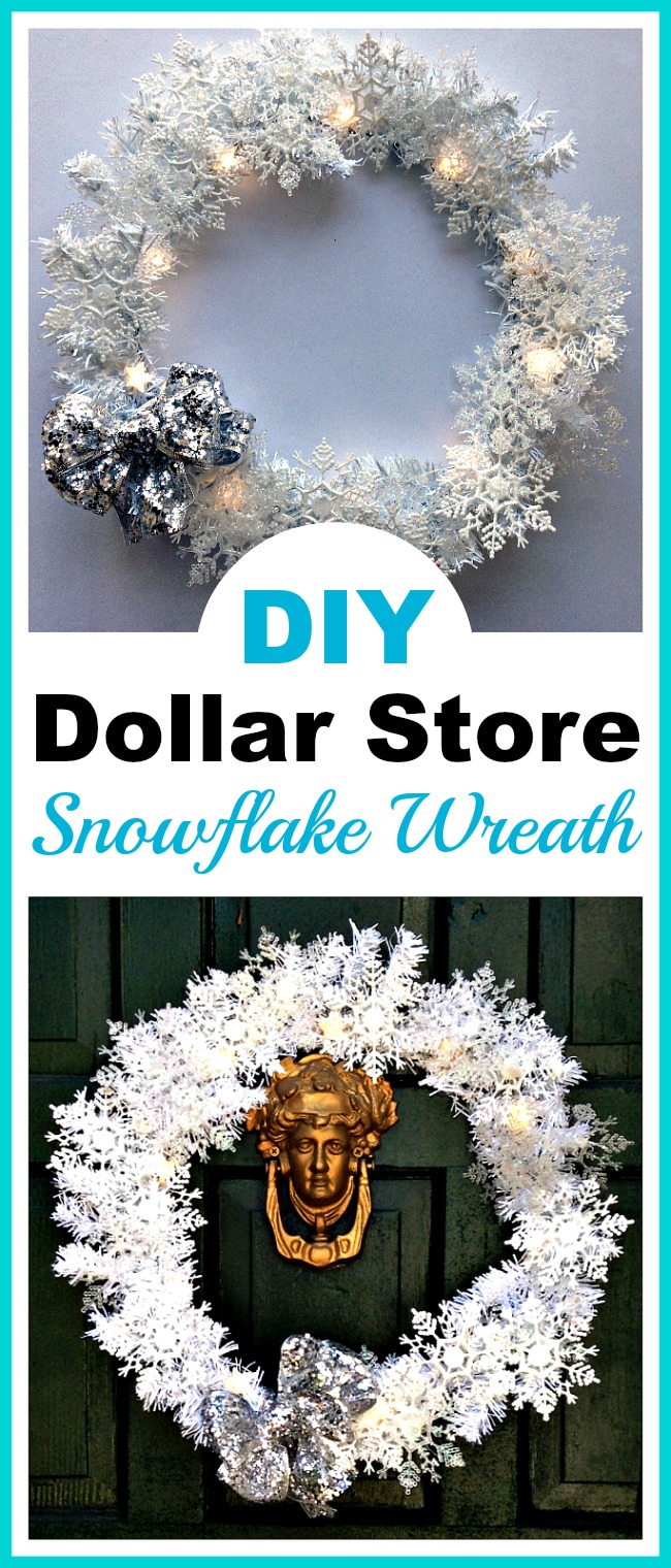 DIY Dollar Store Snowflake Wreath- It doesn't have to cost much to make your home beautiful for winter. Here's how to make a pretty, sparkly snowflake wreath with all dollar store supplies! #diy #craft #wreath #dollarStore
