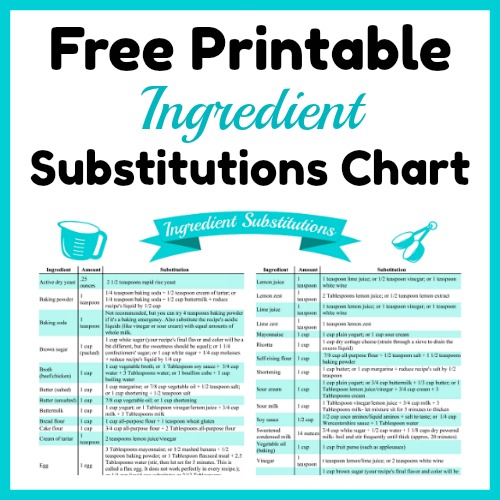 Handy Ingredient Substitutions Chart Free Printable- The next time you run out of an ingredient while cooking, don't panic! Instead, use my handy ingredient substitutions chart free printable! #printable #freePrintable #cooking #food
