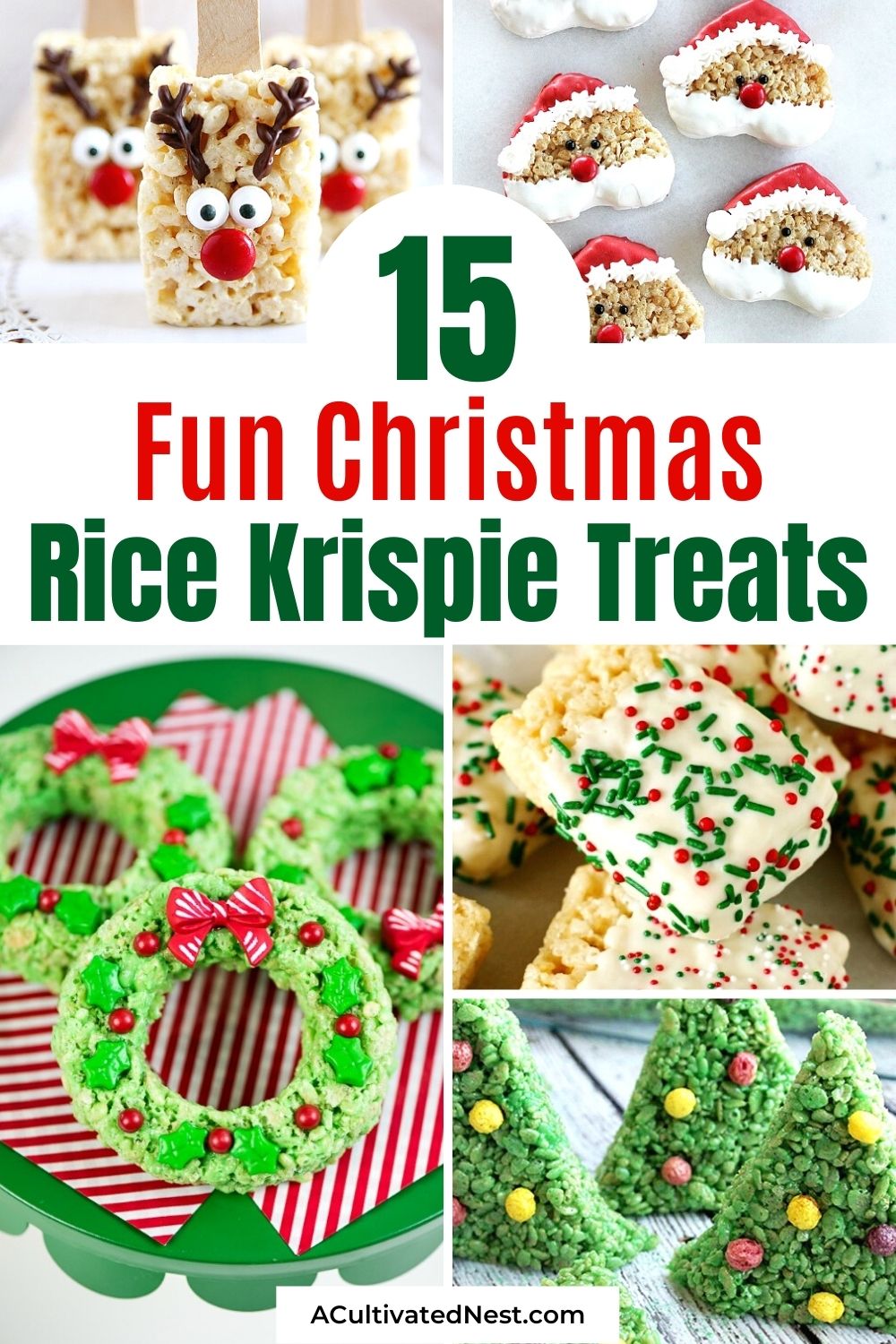 15 Homemade Christmas Rice Krispie Treats- If you want a fun treat to serve at your holiday gathering, then you need to check out theese homemade Christmas Rice Krispie Treats! | reindeer, wreath, Santa, elf, lumps of coal, #ChristmasDesserts #dessertRecipes #homemadeRiceKrispieTreats #dessertIdeas #ACultivatedNest