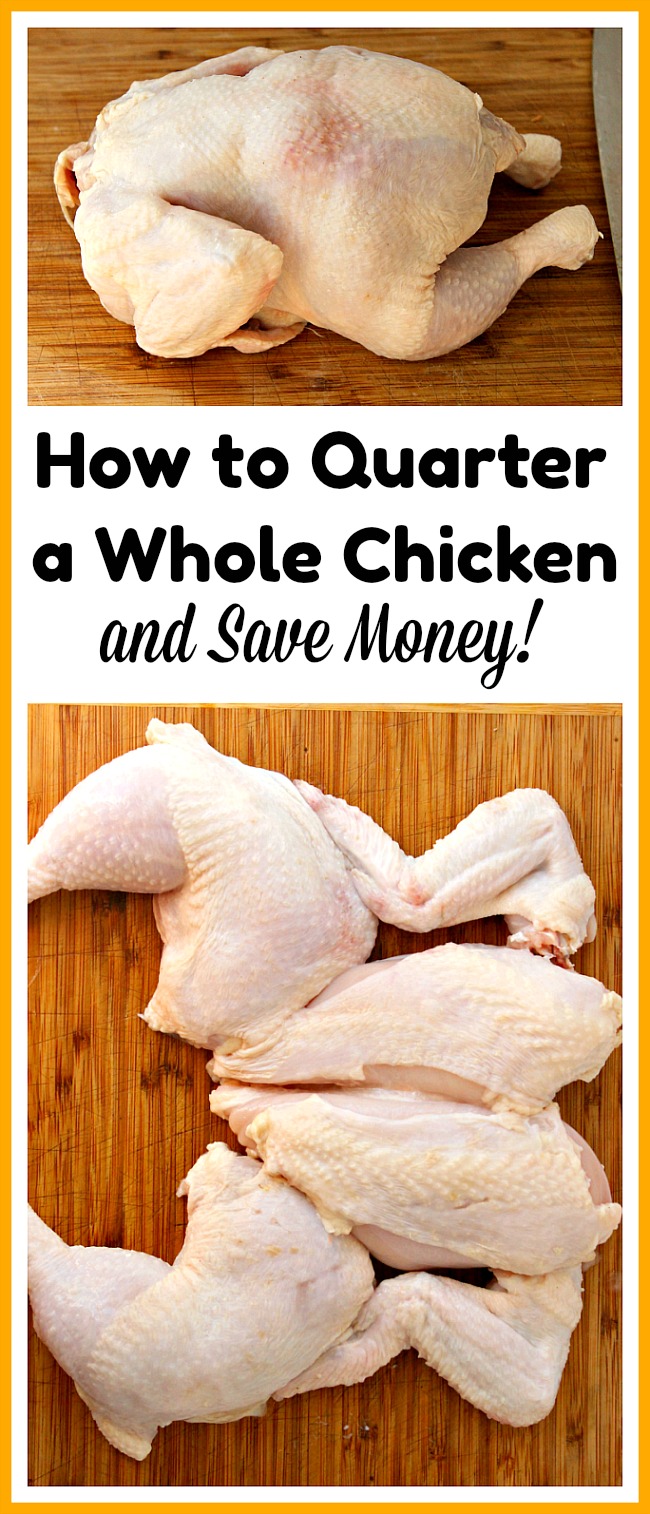 How to Quarter a Whole Chicken- You can save a lot of money on meat if you know how to quarter a whole chicken at home. And it only takes 5 minutes! Check out my easy tutorial! #frugalLiving #chicken #meat #saveMoney