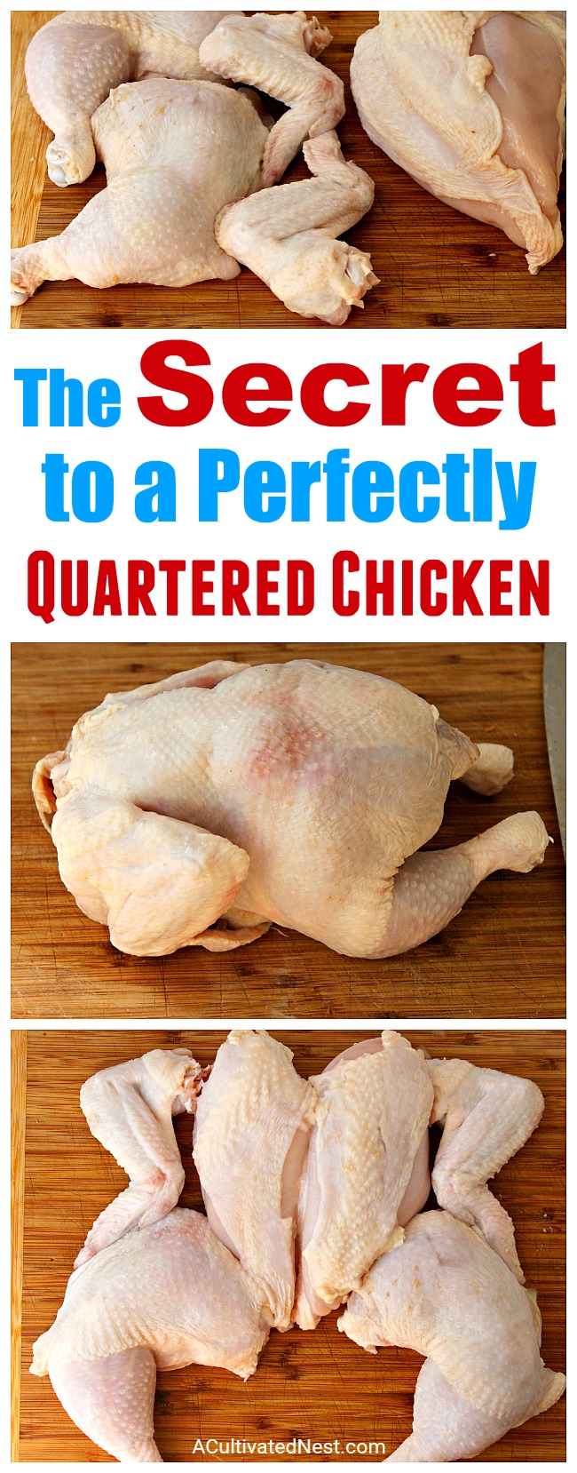How to Quarter a Whole Chicken- You can save a lot of money on meat if you know how to quarter a whole chicken at home. And it only takes 5 minutes! Check out my easy tutorial! #frugalLiving #chicken #meat #saveMoney