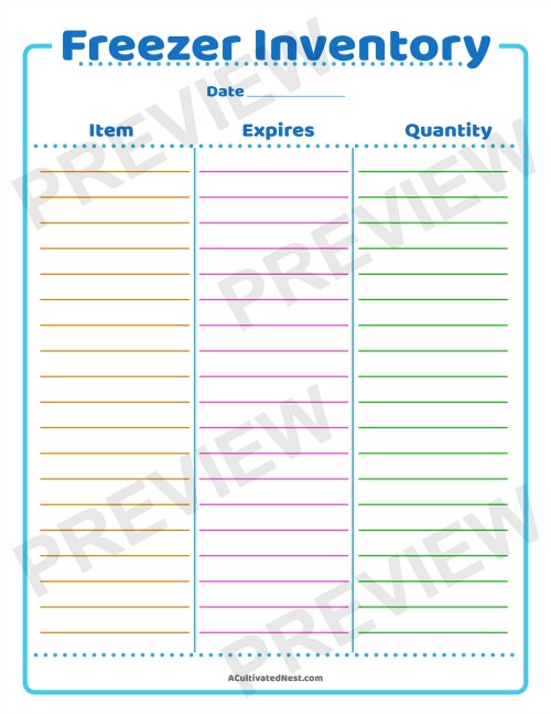 Free Printable Freezer Inventory- Taking an inventory of your family's food helps you get organized, prepare for emergencies, and save money! | home organization, homemaking tips, #printable #freePrintable #foodInventory #freezerInventory