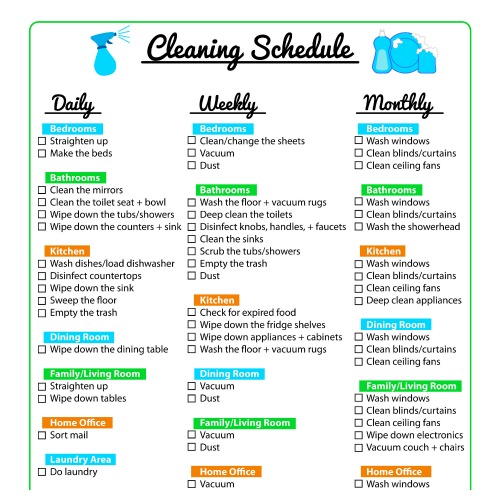 Keep Your Home Clean with a Printable Cleaning Schedule- This printable cleaning schedule is very comprehensive! It contains daily, weekly, and monthly cleaning checklists, but is designed to be easy to manage, not overwhelming. | home cleaning tips, cleaning checklist, daily cleaning, weekly cleaning, monthly cleaning, #cleaningTips #homemaking #freePrintable