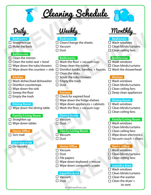 work daily weekly monthly cleaning schedule template