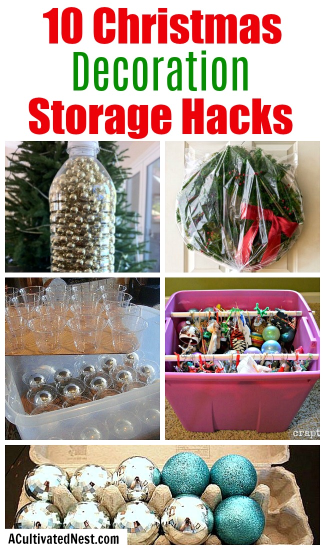 10 Christmas Decoration Storage Hacks- Putting away your Christmas decor isn't half as fun as getting it out! But organizing it doesn't have to be difficult, or costly. This year, give these Christmas decoration storage hacks a try! | Christmas organization ideas, organizing tips, budget organizing ideas, upcycle, repurpose, Christmas storage containers, #Christmas #organizing #ACultivatedNest