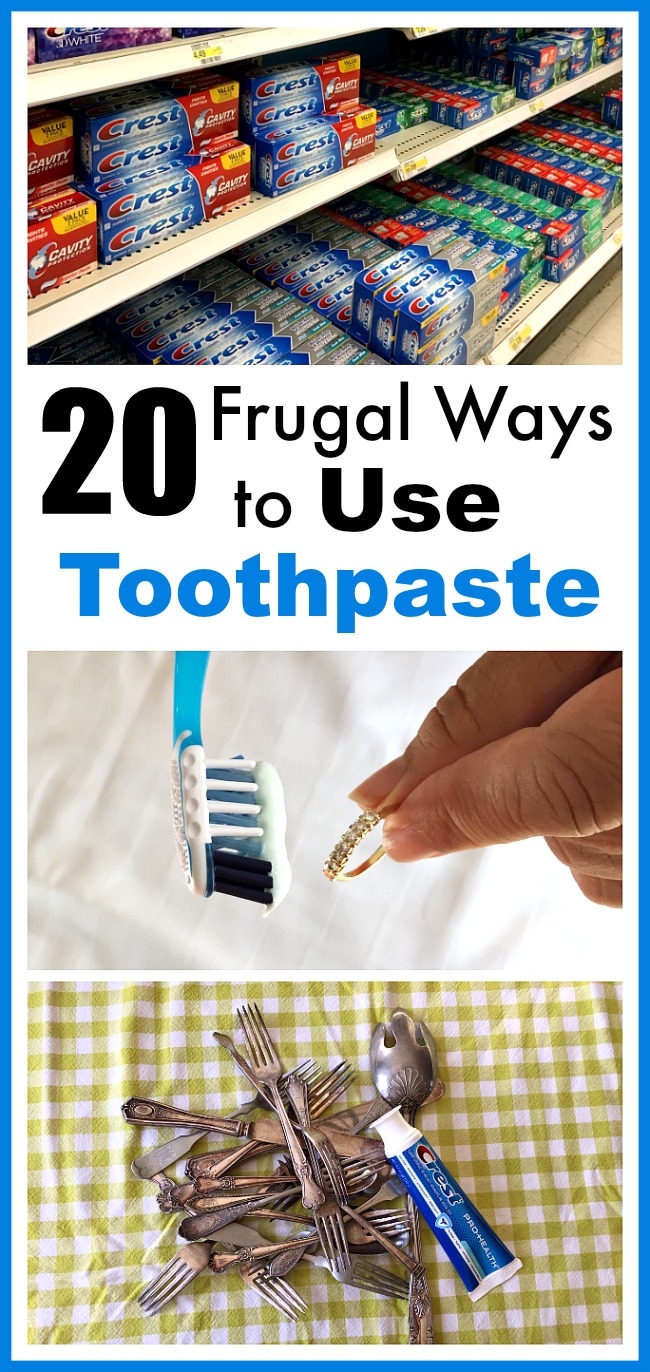 20 Frugal Ways to Use Toothpaste- Did you know that there are many frugal ways to use toothpaste? It can replace a lot of commercial items. You can use it around your home, or even for health and beauty issues! Here are the 20 best ways to use toothpaste that I've found! | toothpaste hacks, strange ways to use toothpaste, save money, clean jewelry, clean diamonds, clean silver, #cleaningTips #frugalLiving #hacks #toothpaste