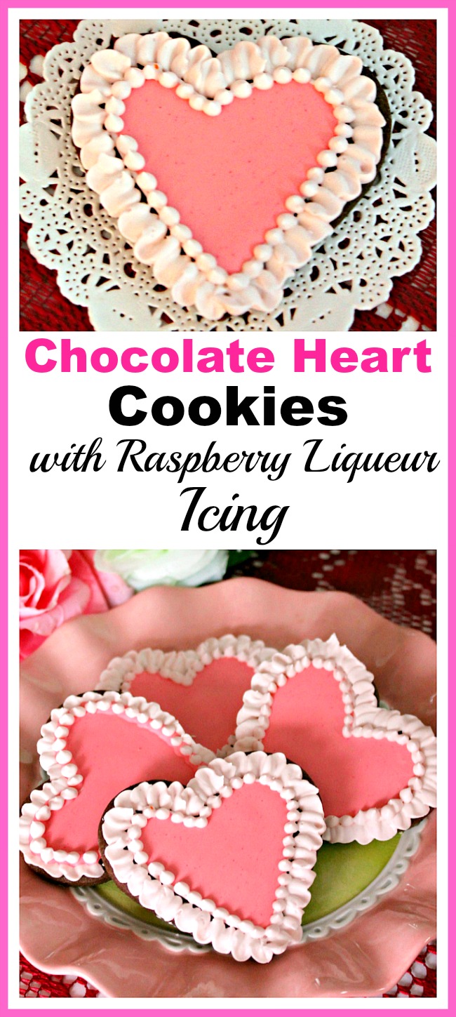 Chocolate Heart Cookies with Raspberry Liqueur Icing- Show your love this Valentine's Day by giving your sweetheart a plate of crunchy chocolate heart cookies with raspberry liqueur icing! Instructions are included for how to make the icing non-alcoholic and kid-friendly. | baking, homemade, dessert, fancy icing, love, alcohol, #cookies #ValentinesDay #heart #recipe