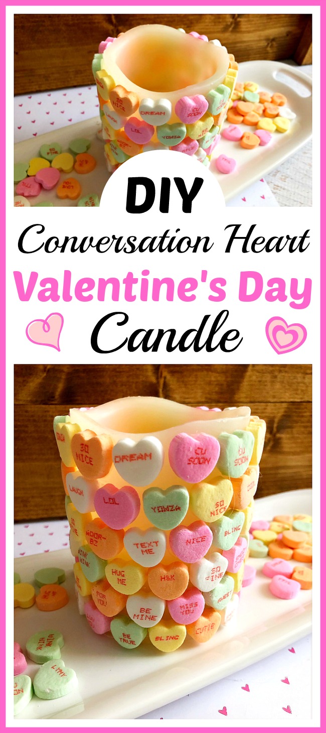 DIY Conversation Heart Valentine's Day Candle- Want a cute, yet inexpensive piece of Valentine's decor? Then you have to make this DIY conversation heart Valentine's Day candle! It's very easy to put together, and can be customized in many fun ways! | Valentine's craft, love, conversation heart candy, sweethearts, craft using food, hearts, #ValentinesDay #candle #diy #Valentines