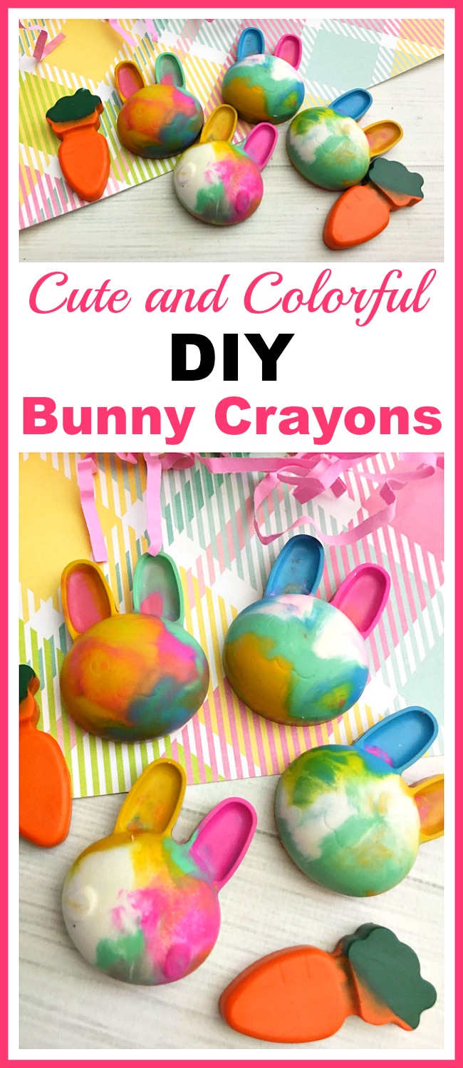 Cute and Colorful DIY Bunny Crayons- Coloring is much more fun if your kids have custom-shaped crayons! Here's how to easily make your own cute and colorful DIY bunny crayons! These would make great Easter basket gifts! | custom crayon, kids' art supplies, Easter crayons, rabbit, carrot crayons #Easter #diy #craft #coloring