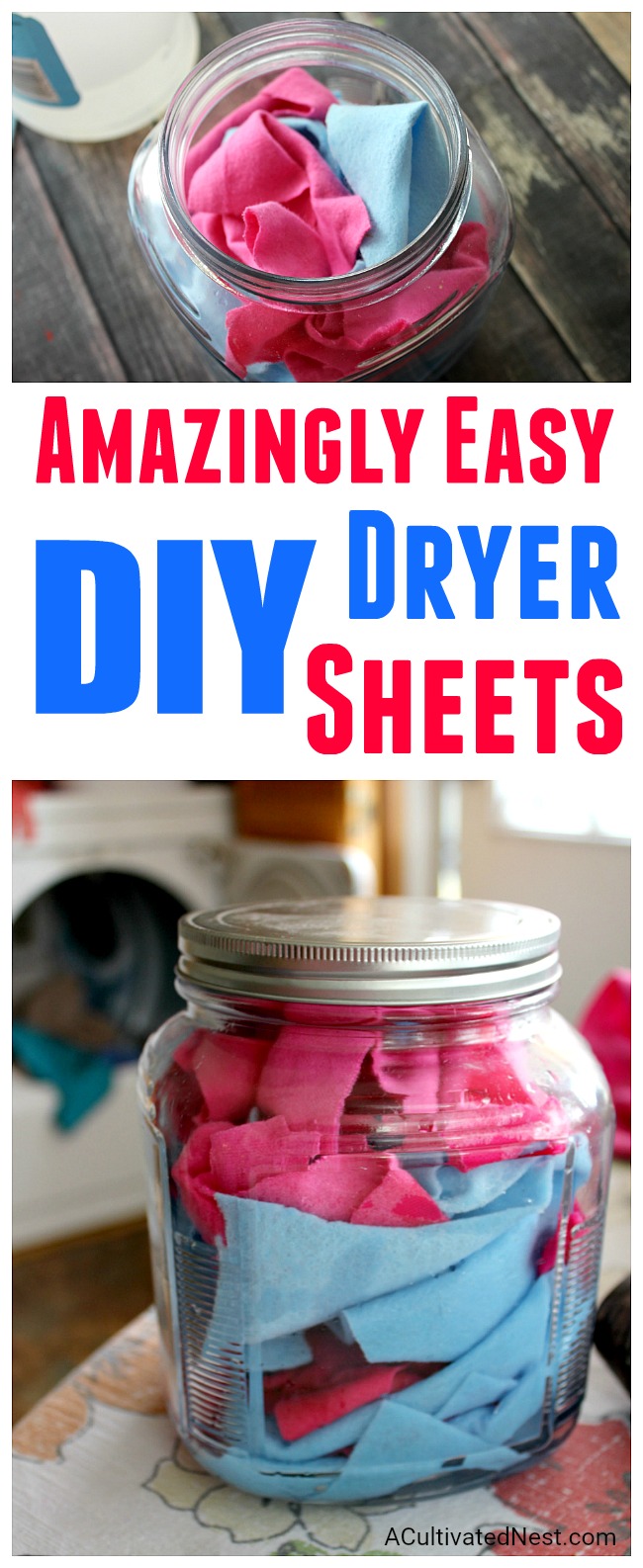 Reusable Homemade Dryer Sheets- It's amazingly easy to make these reusable homemade dryer sheets! You only need a few ingredients and a few minutes, and then you'll have all-natural DIY dryer sheets ready to use in your next load of laundry! | homemade laundry products, ways to save money, money saving tips, money saving ideas, #diy #laundry #frugalLiving #homemade