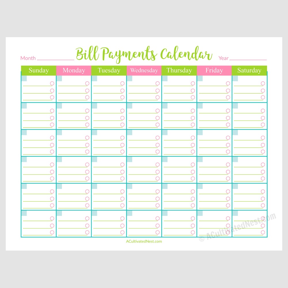 Monthly Bill Calendar Template Download | PDF Template