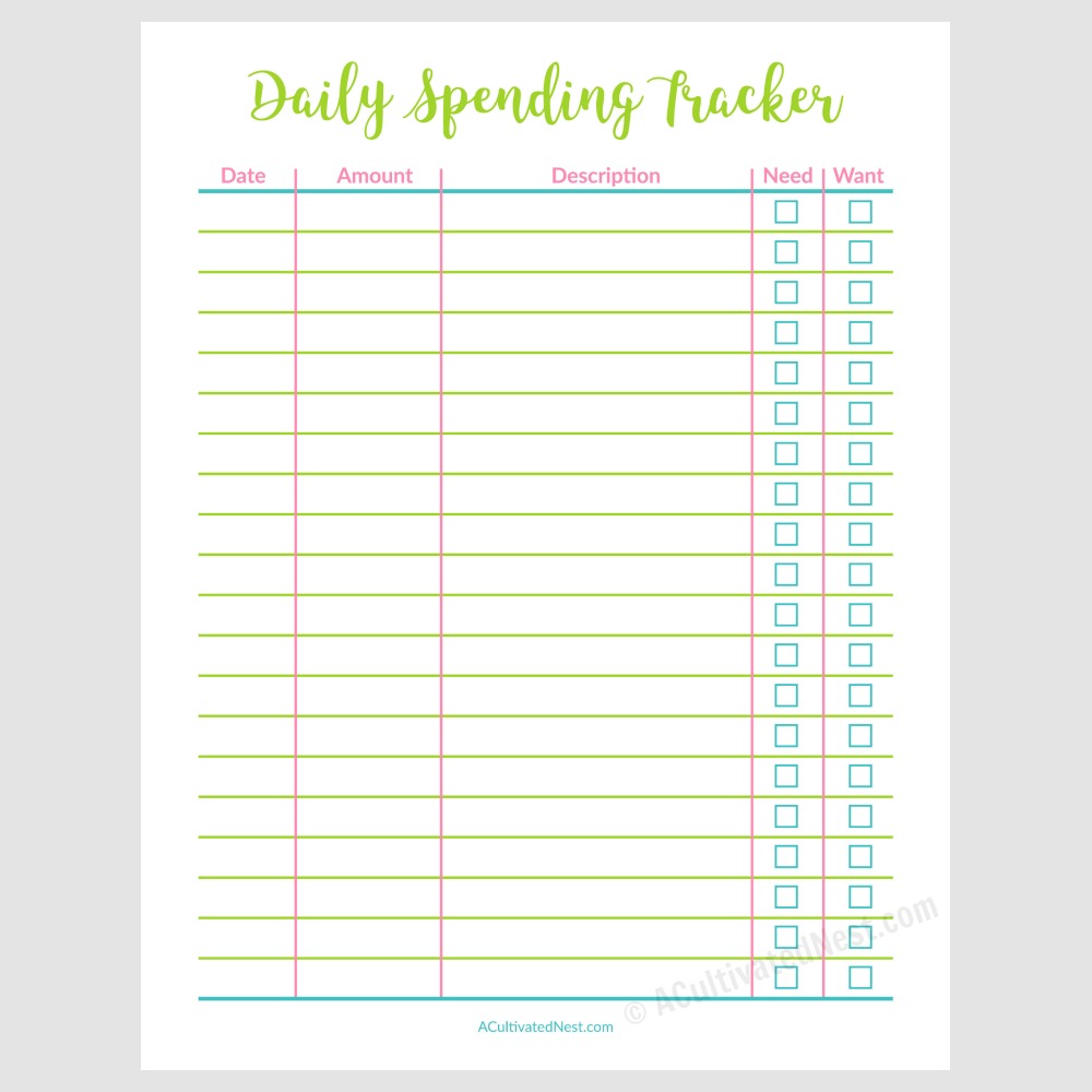 Printable Daily Spending Tracker- A Cultivated Nest