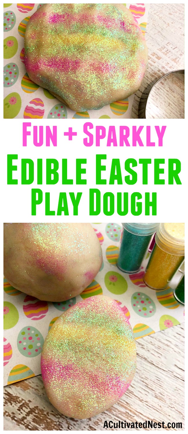 Edible Easter Play Dough- A fun and easy way to make sure your kids don't get into trouble on Easter is by handing them a ball of this homemade edible Easter play dough! It's sparkly, colorful, and 100% safe to eat! It makes a great DIY Easter basket gift, too! | make your own play dough, play dough copycat, homemade play dough, spring craft, #diy #craft #Easter #kidsActivity