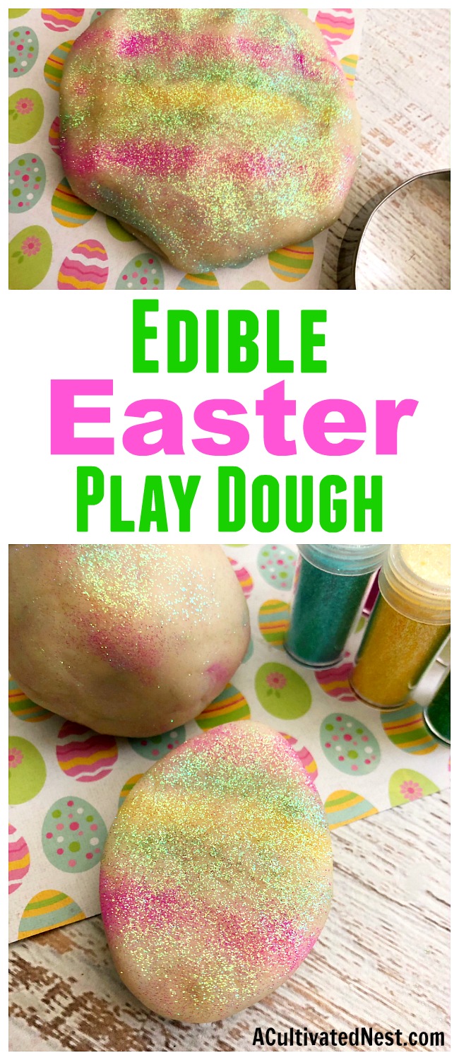 Edible Easter Play Dough- A fun and easy way to make sure your kids don't get into trouble on Easter is by handing them a ball of this homemade edible Easter play dough! It's sparkly, colorful, and 100% safe to eat! It makes a great DIY Easter basket gift, too! | make your own play dough, play dough copycat, homemade play dough, spring craft, #diy #craft #Easter #kidsActivity