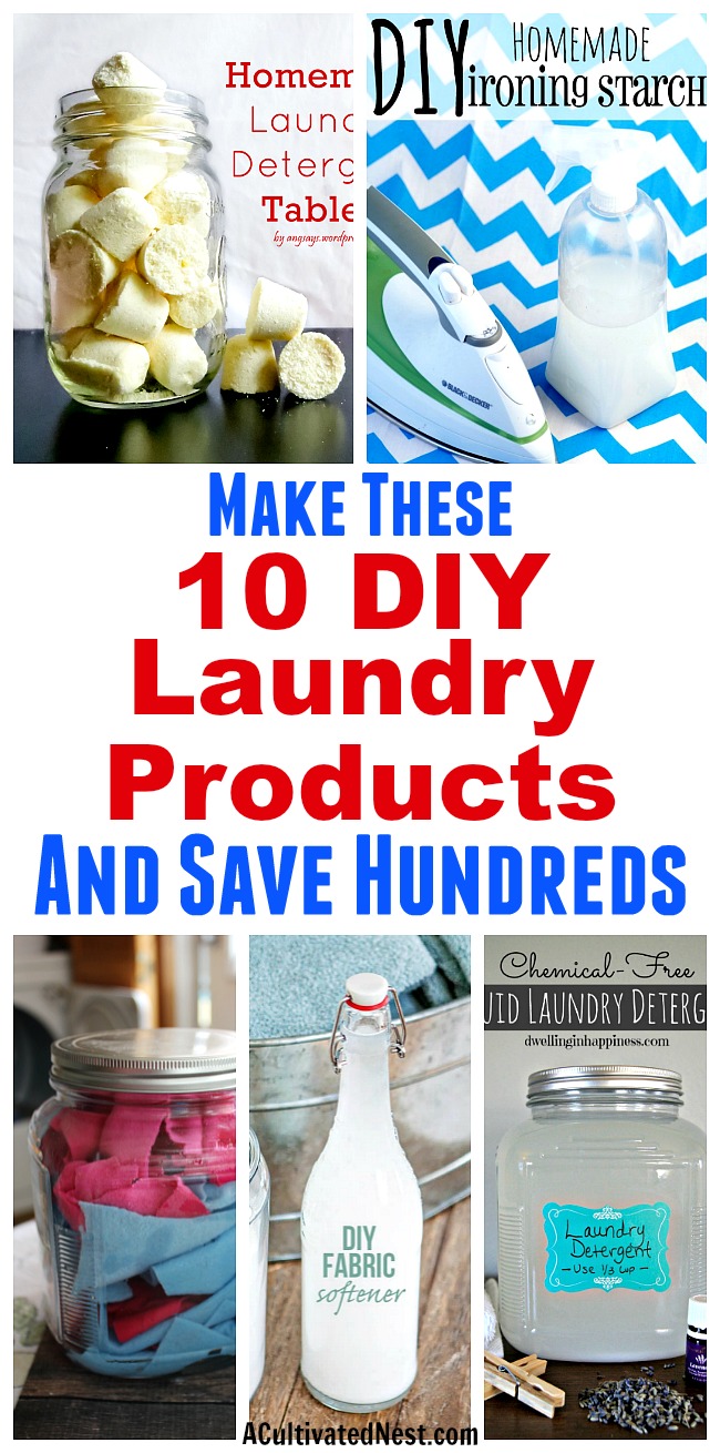 10 Frugal DIY Laundry Products- You can save a lot of money and avoid dangerous chemicals at the same time by making your own DIY laundry products. These 10 laundry products are so easy to make! | #diy #homemade #laundry #saveMoney #laundryDetergent #sprayStarch #ironing #fabricSoftener #dryerSheets #woolDryerBalls