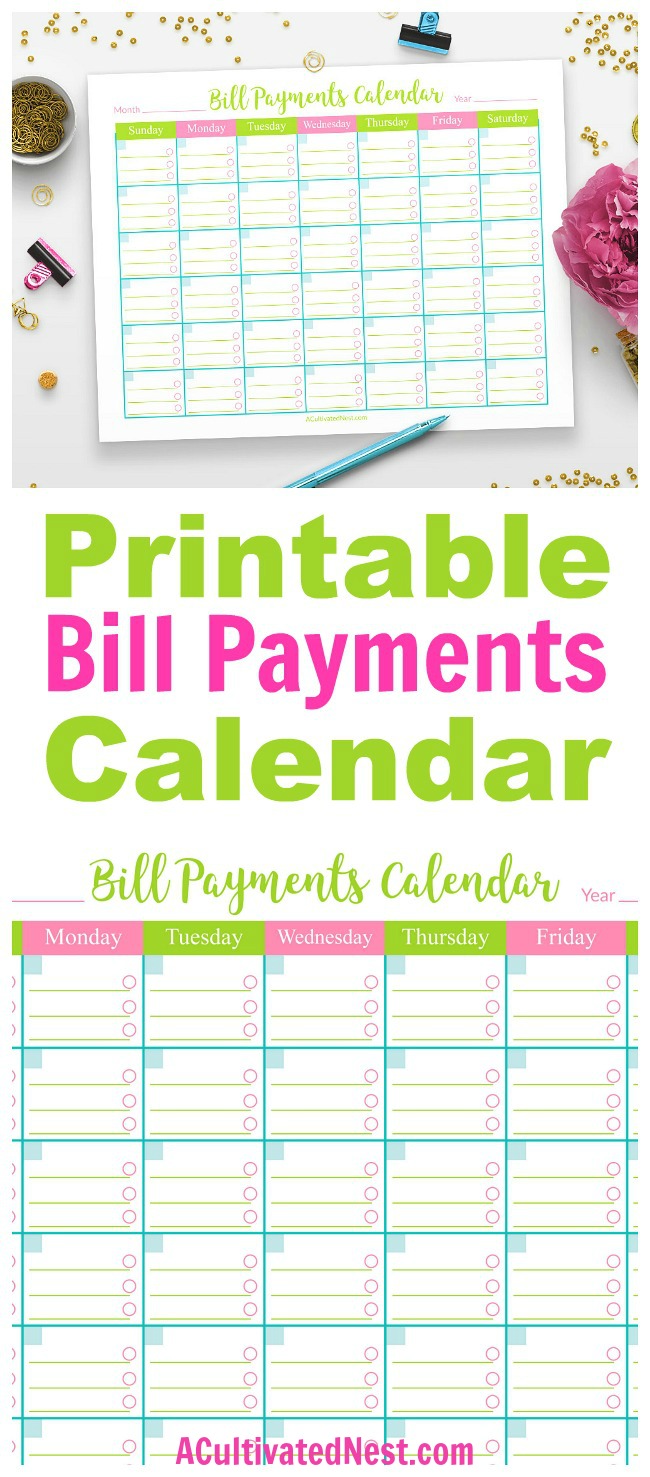 Printable Bill Payments Calendar- Tired of paying bill late fees? Never forget to pay a bill again with this handy (and cute) printable bill payments calendar! | save money, reduce your expenses, #debtFree #frugalLiving #personalFinance #printable