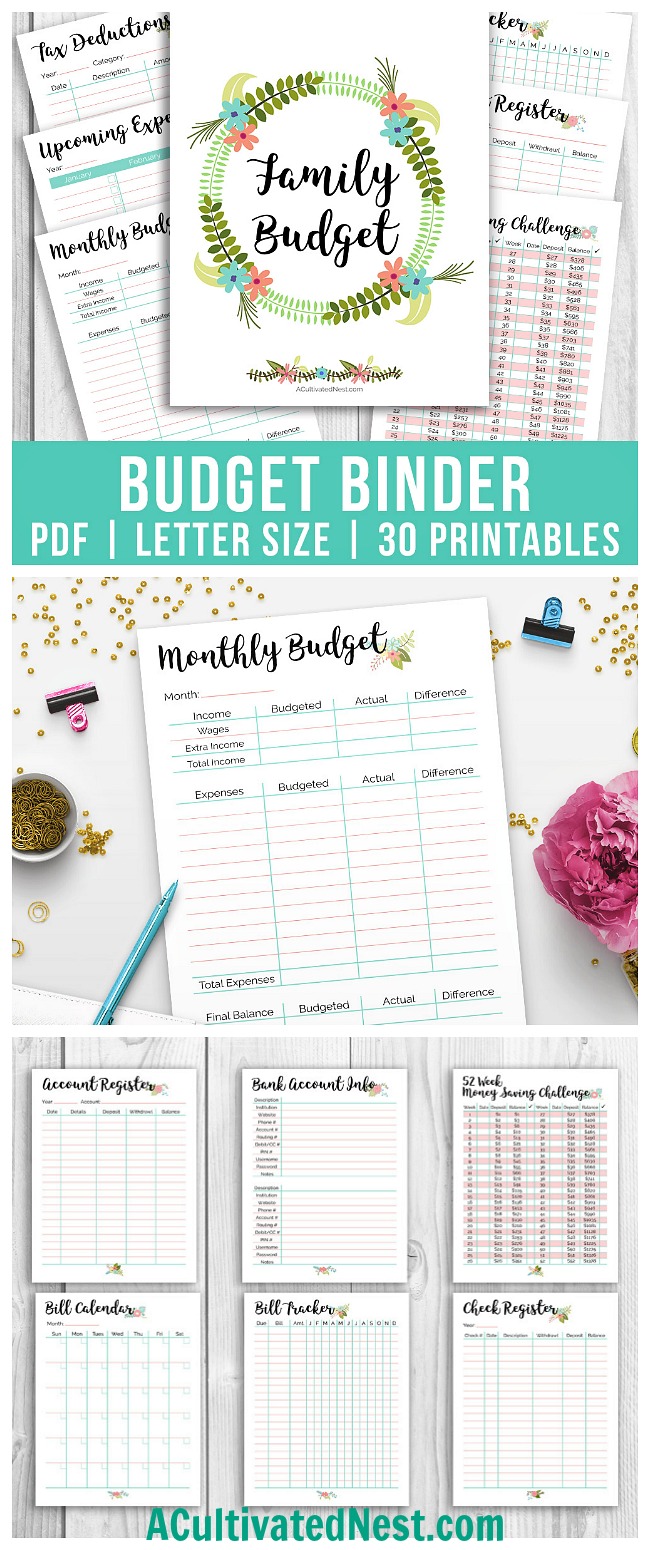 Printable Budget Binder- It's easy to organize your family's finances if you have the right worksheets! This printable budget binder includes 25+ printables (including covers and tabs), and has a pretty floral theme. It's perfect for planning out your budget in style! | how to make a budget, expense tracker, money saving challenge, #printable #budgetBinder #budgeting #personalFinance
