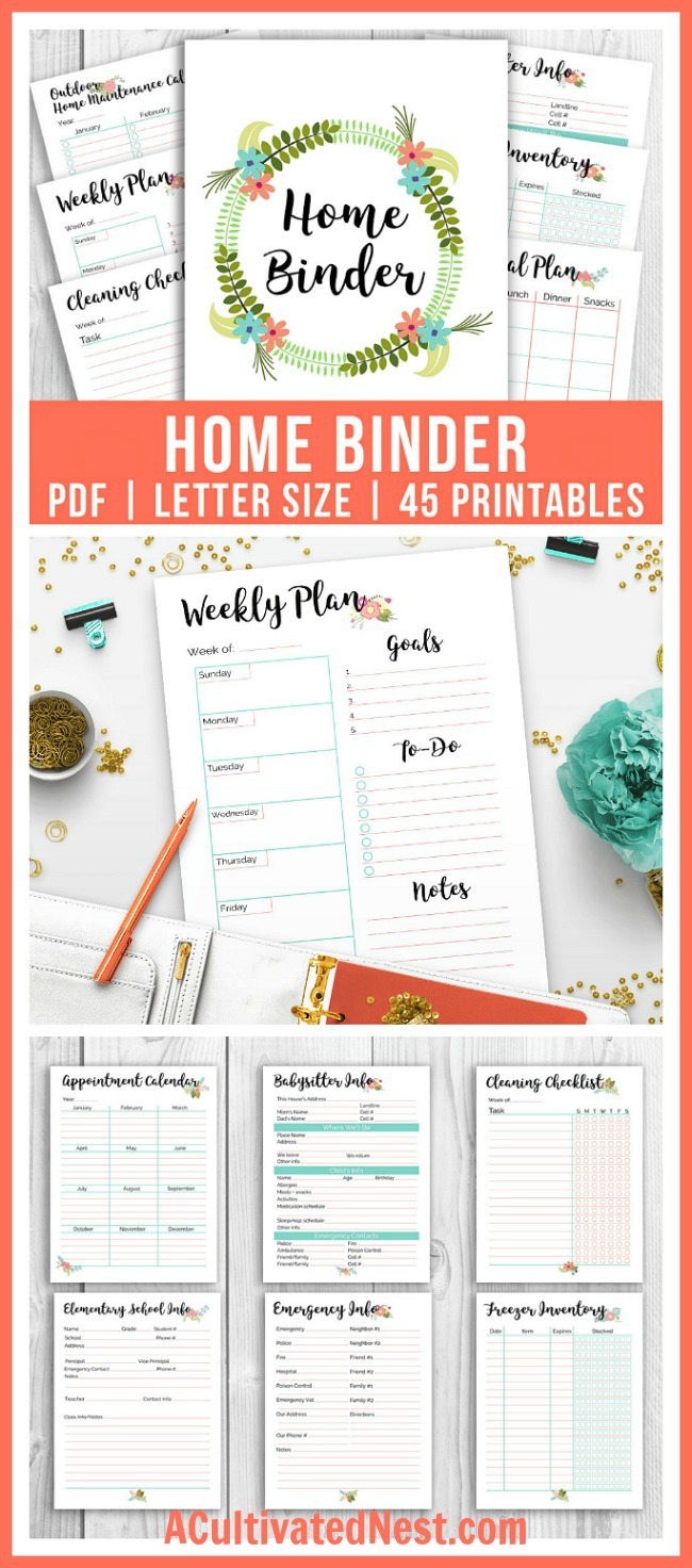 Floral Printable Home Management Binder- Get your household organized with this handy letter size home management planner printable set! With 45 printable pages decorated with flowers, everything you could possibly need to organize your family's life is right here! | mom binder, home binder planner printables, stay at home mom, PDF planner inserts, letter size, #planner #printable #sahm #homemaking