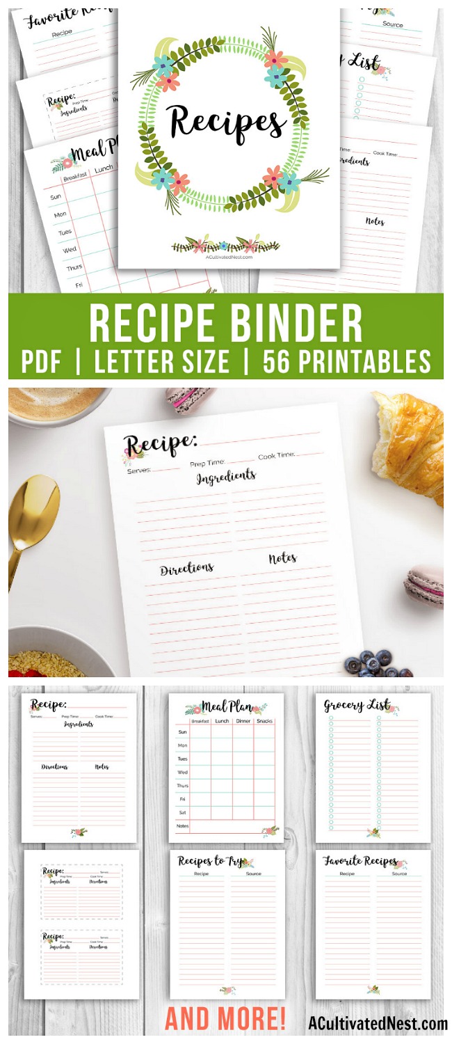 Printable Recipe Binder- With 50+ printables including 38 dividers, this floral printable recipe binder has all that you need to finally get your family's favorite recipes under control and organized! | kitchen organization, organizing tips, meal planning, grocery shopping list, printable recipe cards, #printable #recipeBinder #kitchenBinder #organizing