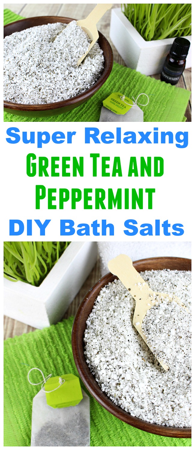 Soothing Green Tea and Peppermint DIY Bath Salts- Tired and achy after working out at the gym or working in your garden? Then you should relax in a bath with these green tea and peppermint DIY bath salts! This homemade bath soak is so soothing, and if you put it in a jar it makes a great gift! | essential oils, easy homemade gift idea, #diy #beauty #diyGifts #bathSalts