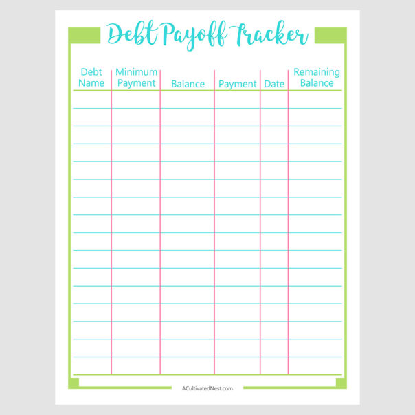 Printable Debt Payoff Tracker- Budget Binder Page- A Cultivated Nest