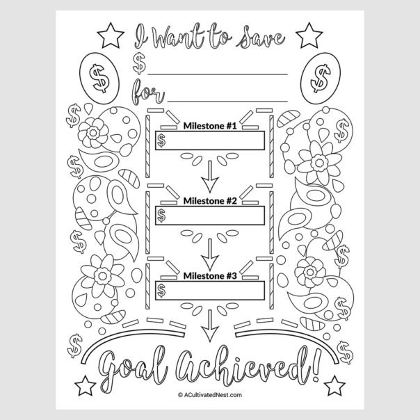 Savings Goal Planner Printable Coloring Page- A Cultivated Nest