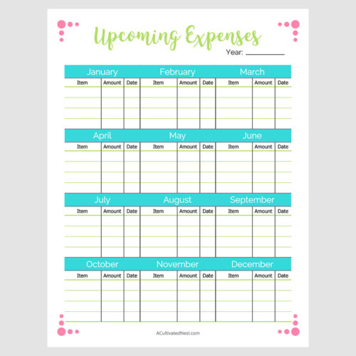 Printable Upcoming Expenses Tracker
